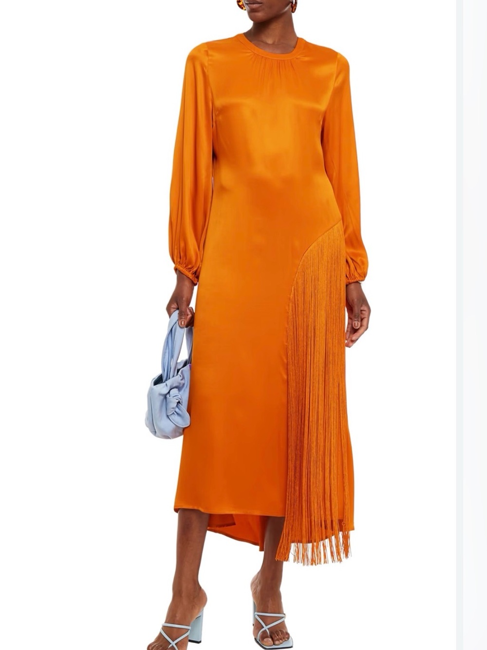 Rodebjer Majorelle Fringed Viscose Satin Midi Dress in Orange sz L